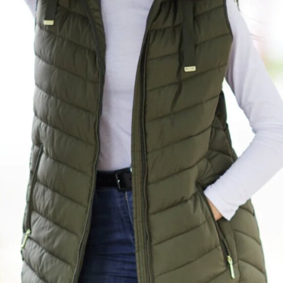 Weatherproof hooded chevron longline puffer vest in army green L large - Picture 3 of 7